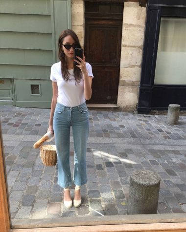 French Girl Accessories - basic white t-shirt, wide leg jeans, Birkin basket bag, Castaner espadrilles, black cat-eye sunglasses and a baguette