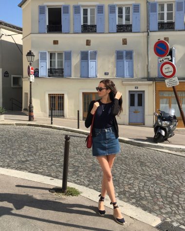 French Wardrobe Essentials - Navy t-shirt, Reformation jean mini skirt, Castaner espadrilles, APC handbag