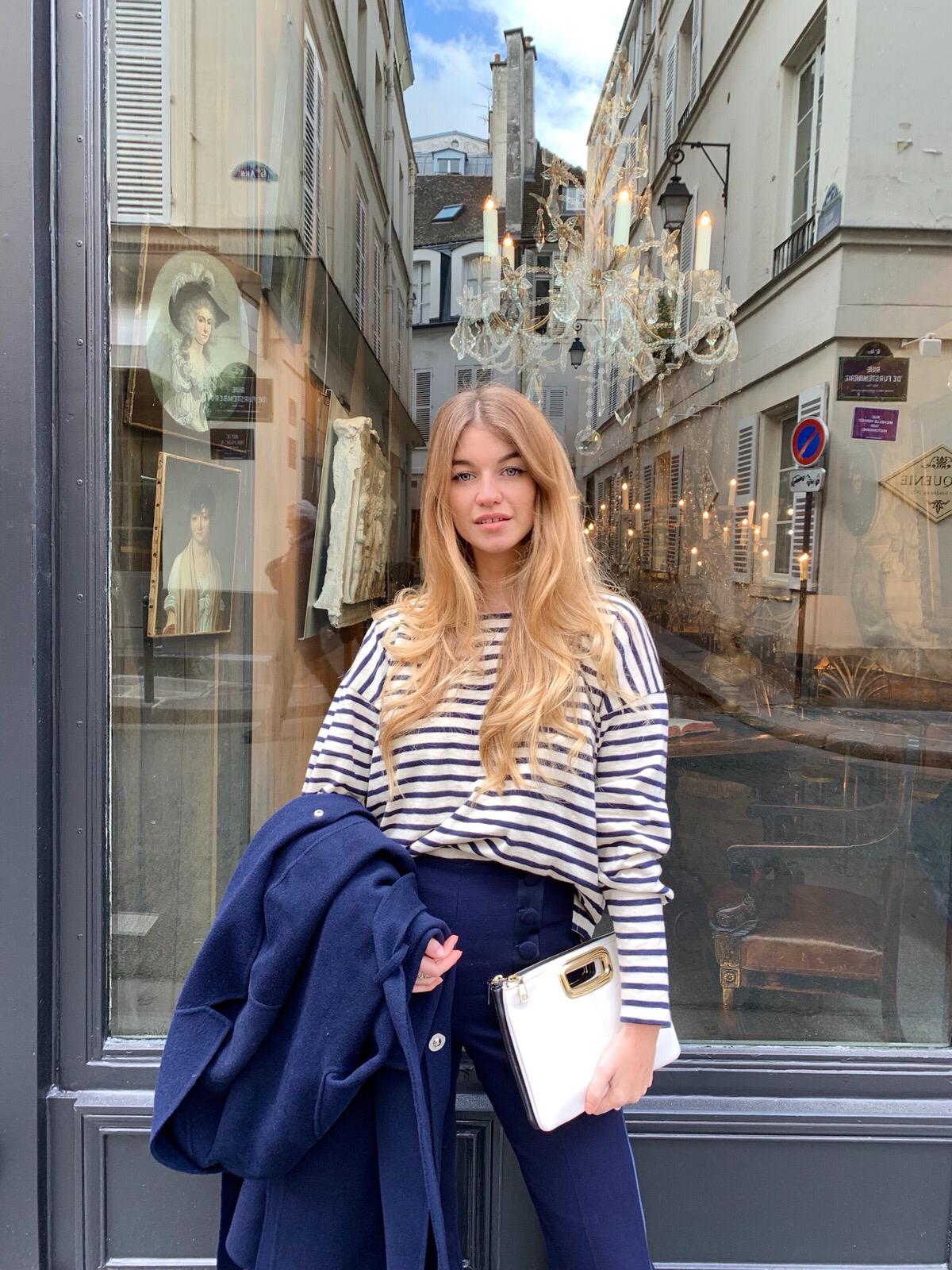 Constance Arnoult wearing a striped marnière top