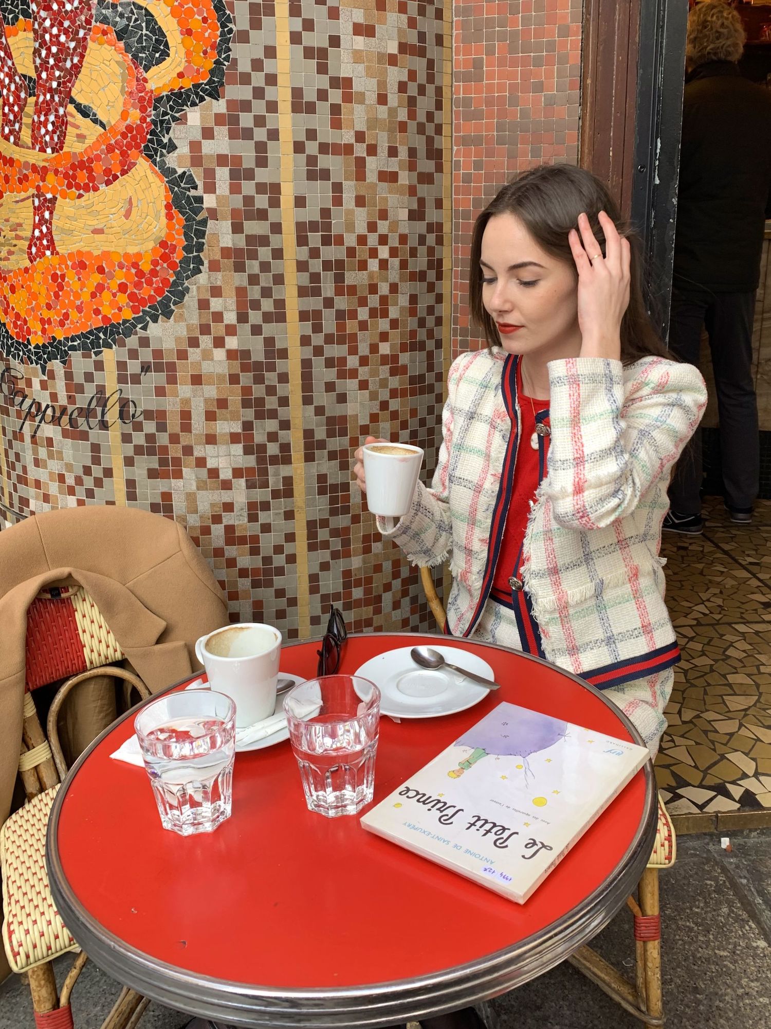 Lea-Elisabeth at a café in Saint-Germain, Paris wearing Claudie Pierlot