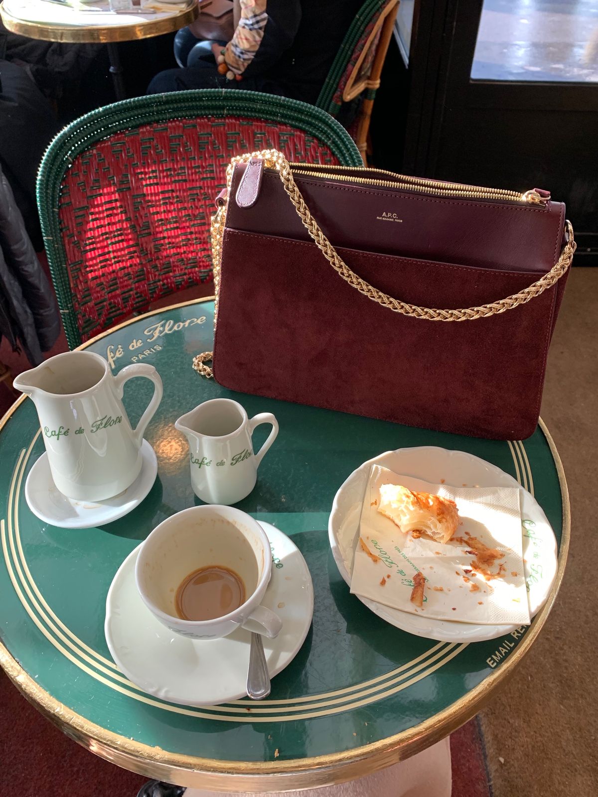 APC Ella Bag Bordeaux at Café de Flore, Paris, France