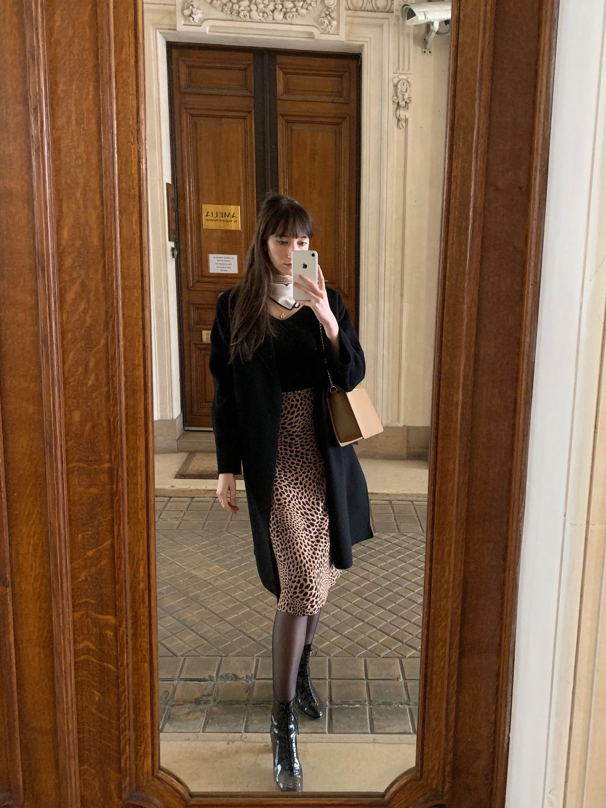 Parisian Winter Look: Rouje midi skirt, Black wool wrap coat, Jonak patent leather boots, APC Ella bag