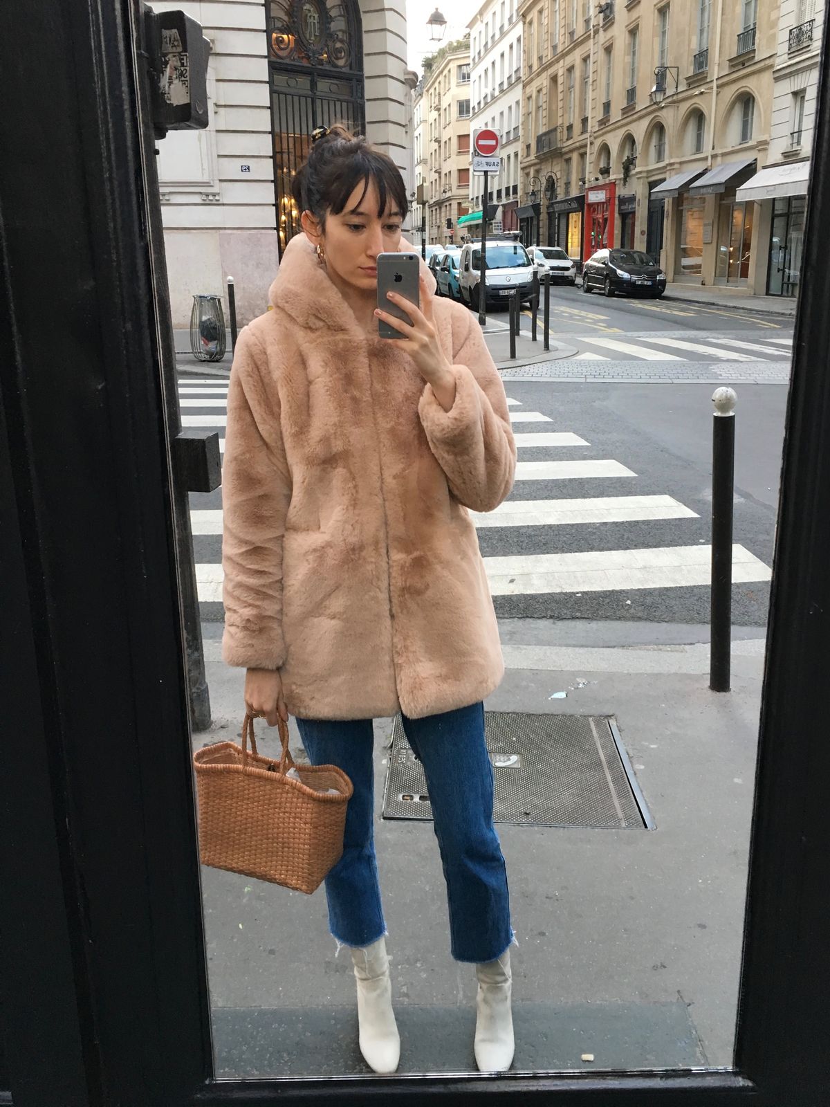 Parisian Winter Look: Dragon Diffusion Woven Leather Bag, Apparis faux fur beige coat, White Leather Jonak Boots