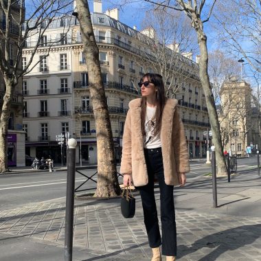 Parisian Winter Look: Apparis Beige Fur Coat, Black Levi's, Rouje Lara Boots