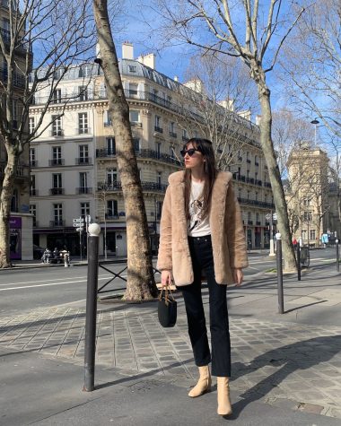 Parisian Winter Look: Apparis Beige Fur Coat, Black Levi's, Rouje Lara Boots