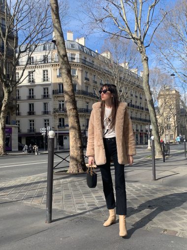 Parisian Winter Look: Apparis Beige Fur Coat, Black Levi's, Rouje Lara Boots