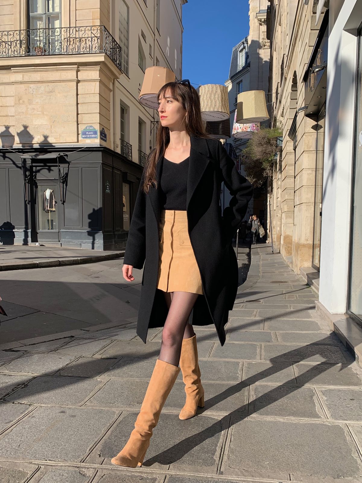 Parisian Winter Look: Jonak Beige Suede Knee-High Boots, Mango Suede Beige Skirt, Black wool wrap coat