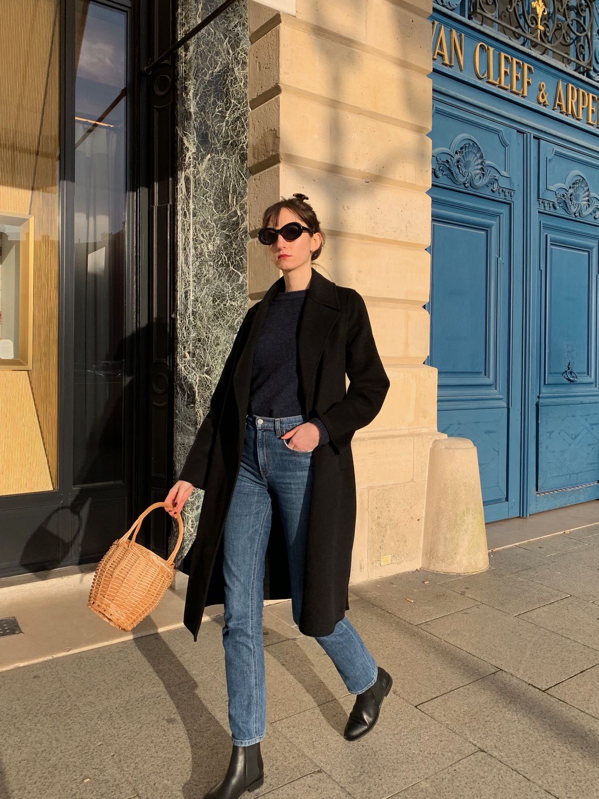 Parisian Winter Look: Reformation jeans, André Chelsea Boots