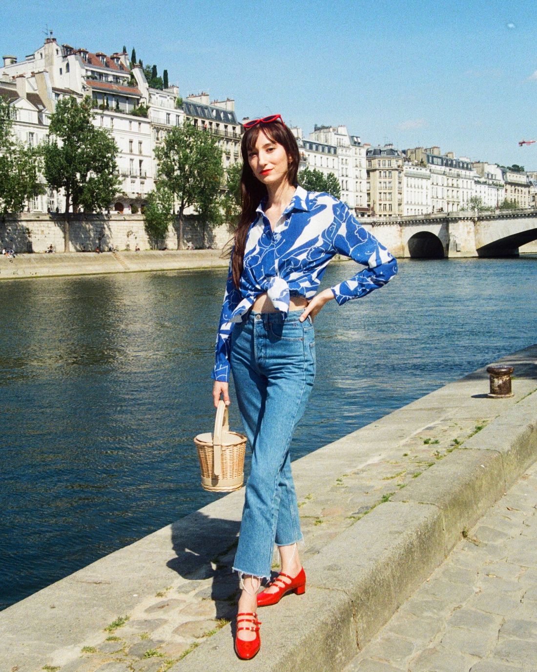 Carel Kina Shoes, Fete Imperiale Silk Alice Shirt, Rouje jeans, Polene Wicker Bag, Rendel Sunglasses