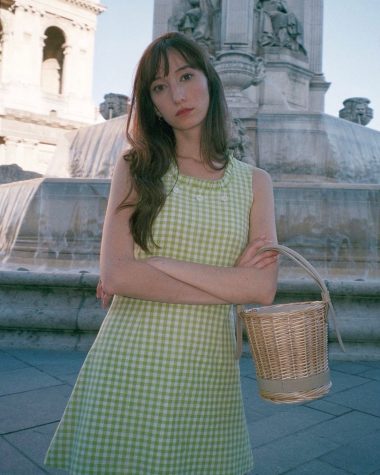 Victoria Petersen wearing a Camée Leone Vintage Green Gingham Dress in Saint-Germain-des-Près, Paris, France