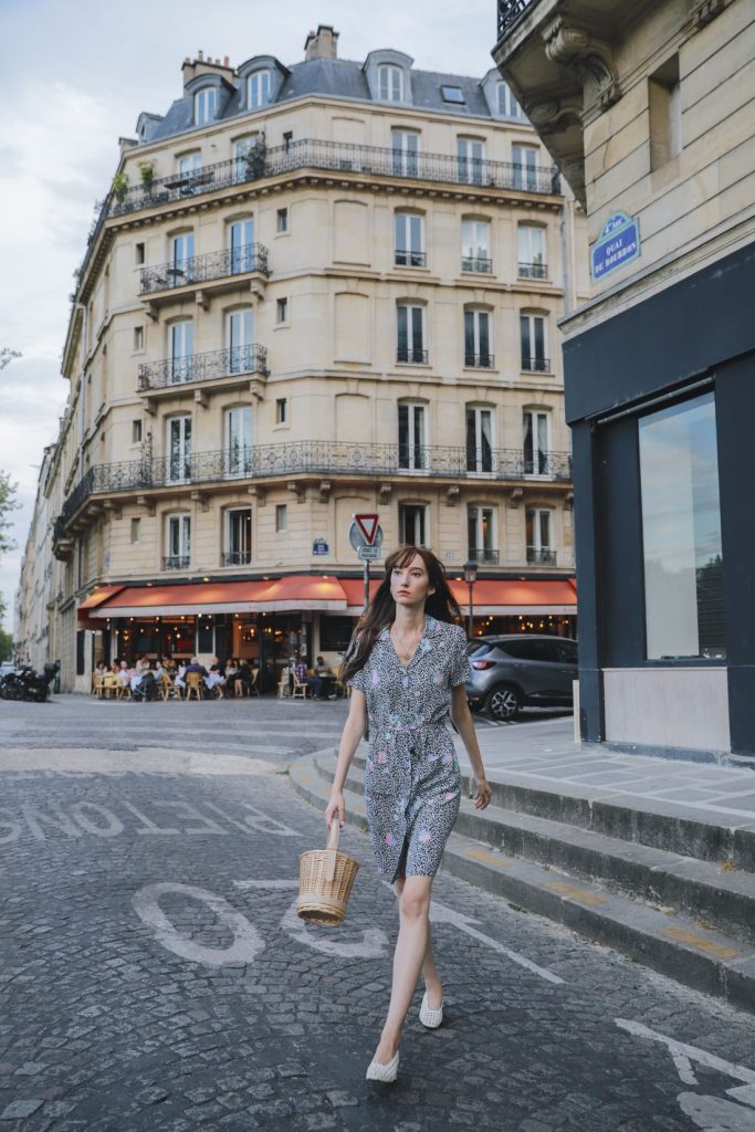 Wearing the Rouje Leonor Dress on Île Saint-Louis in Paris