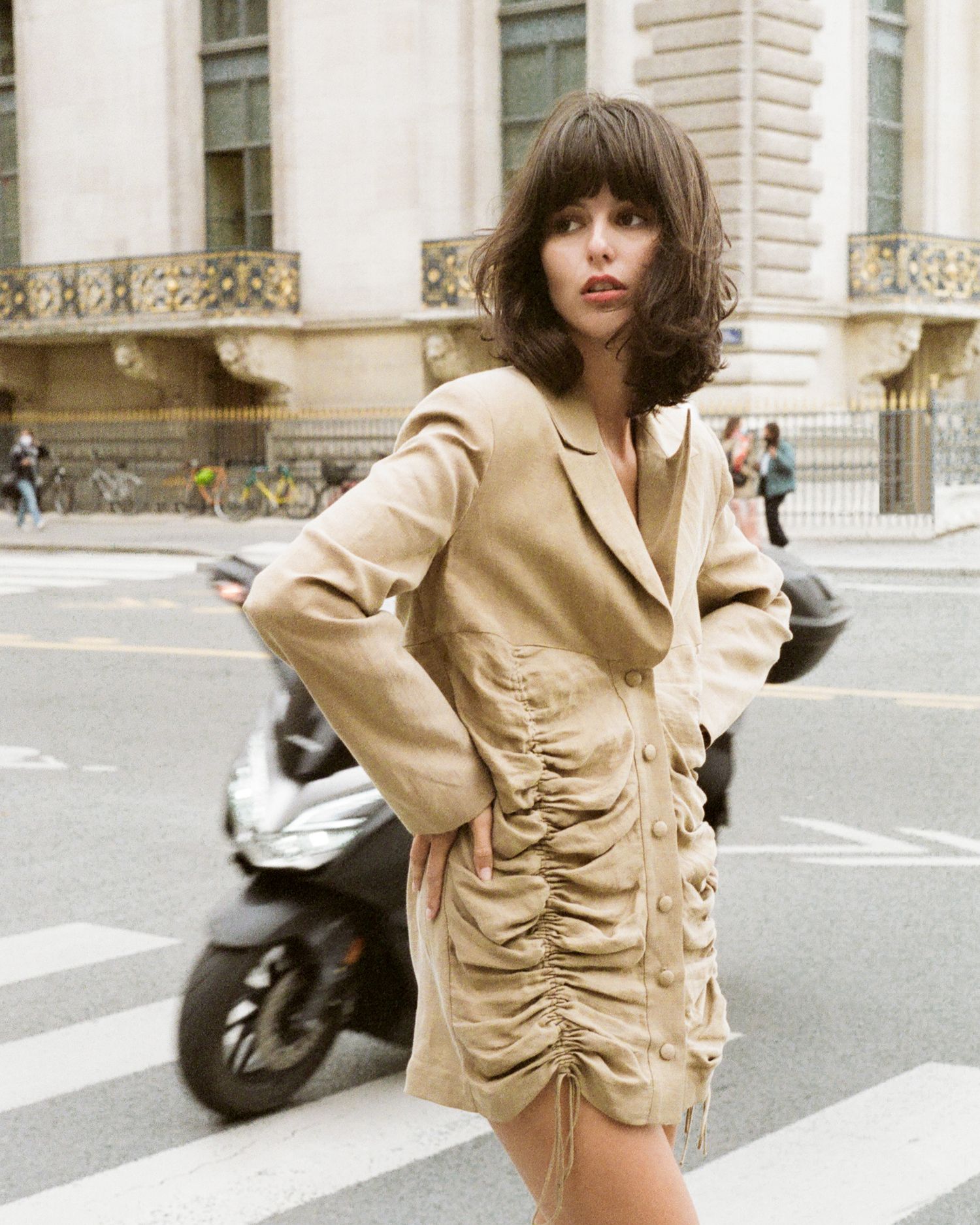 Beige Blazer Dress shot by Lauren Spitznagel on Justine Soranzo in Paris