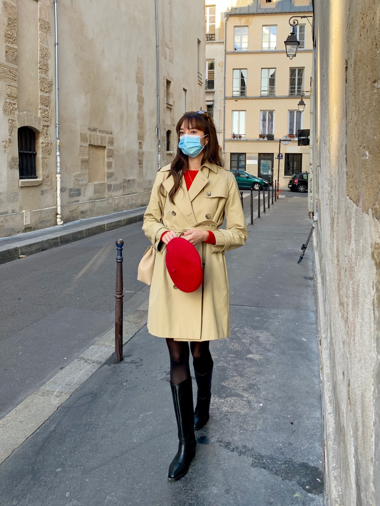 Netflix Emily in Paris Thoughts from a Real American Girl in Paris - wearing a red beret in Paris and an APC Trench Coat