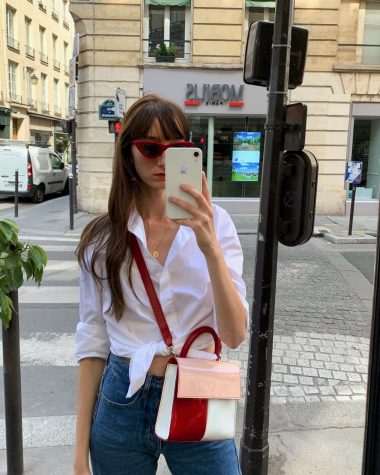 French Fashion Brands to Know if You Love French Style - by Victoria Petersen - wearing a Figaret button-up shirt, Carel handbag, Rouje jeans, and Rendel sunglasses