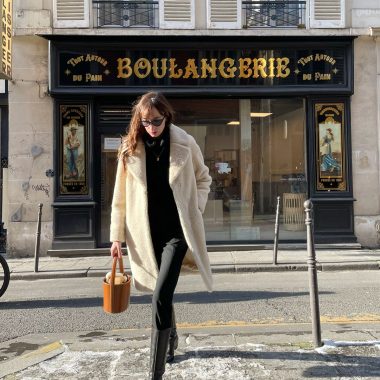 French style Teddy Coats, wearing a beige Stand Studio winter coat in Paris