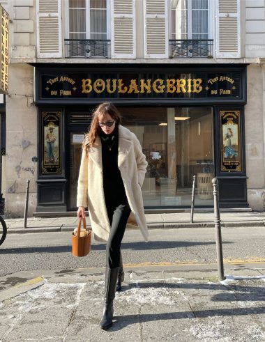 French style Teddy Coats, wearing a beige Stand Studio winter coat in Paris