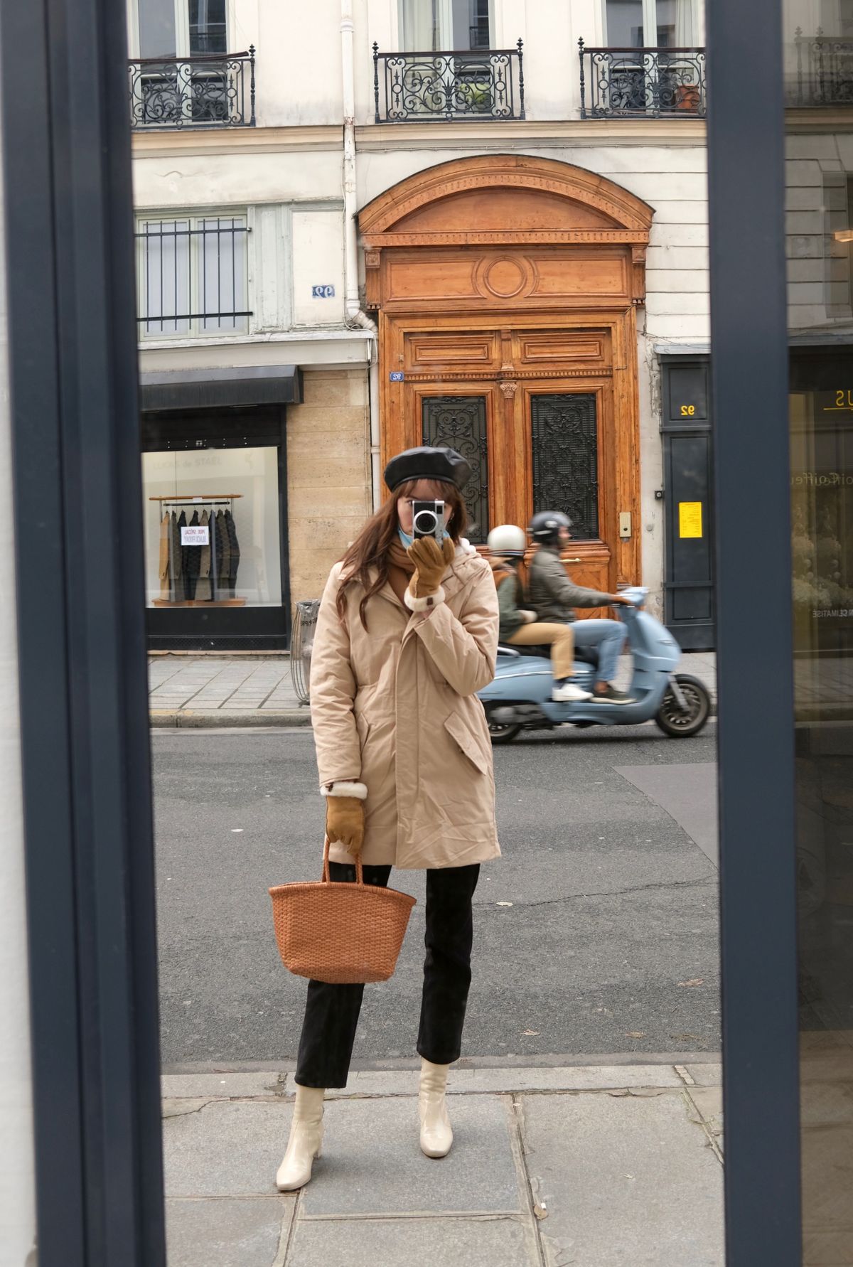 Polene Black Leather Beret during Parisian winter days