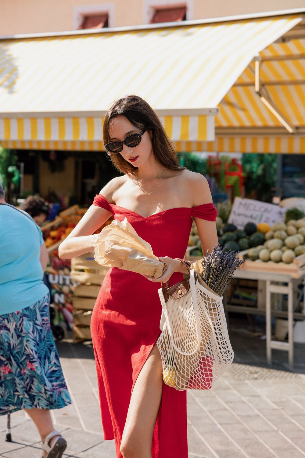 Reformation red Bridgton linen dress, Longchamp filet bag, Castaner espadrilles, Cours Saleya Market Nice France, French girl summer style