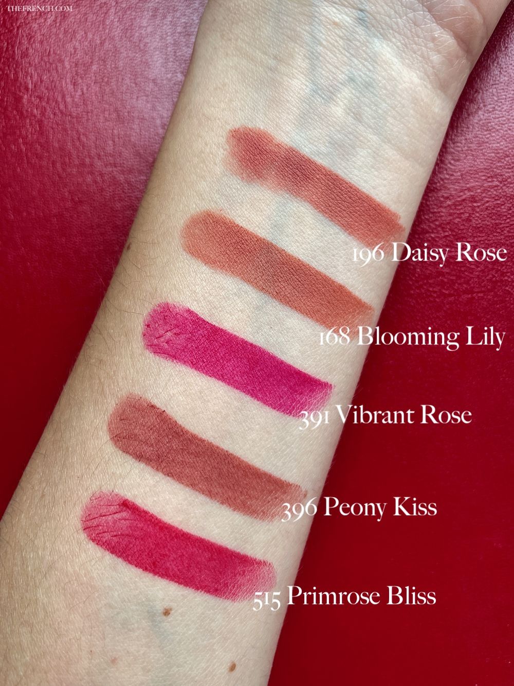 Guerlain Kiss Kiss Honey-Infused Intense Lipstick shade swatches 196 Daisy Rose 168 Blooming Lily 391 Vibrant Rose 396 Peony Kiss 515 Primrose Bliss